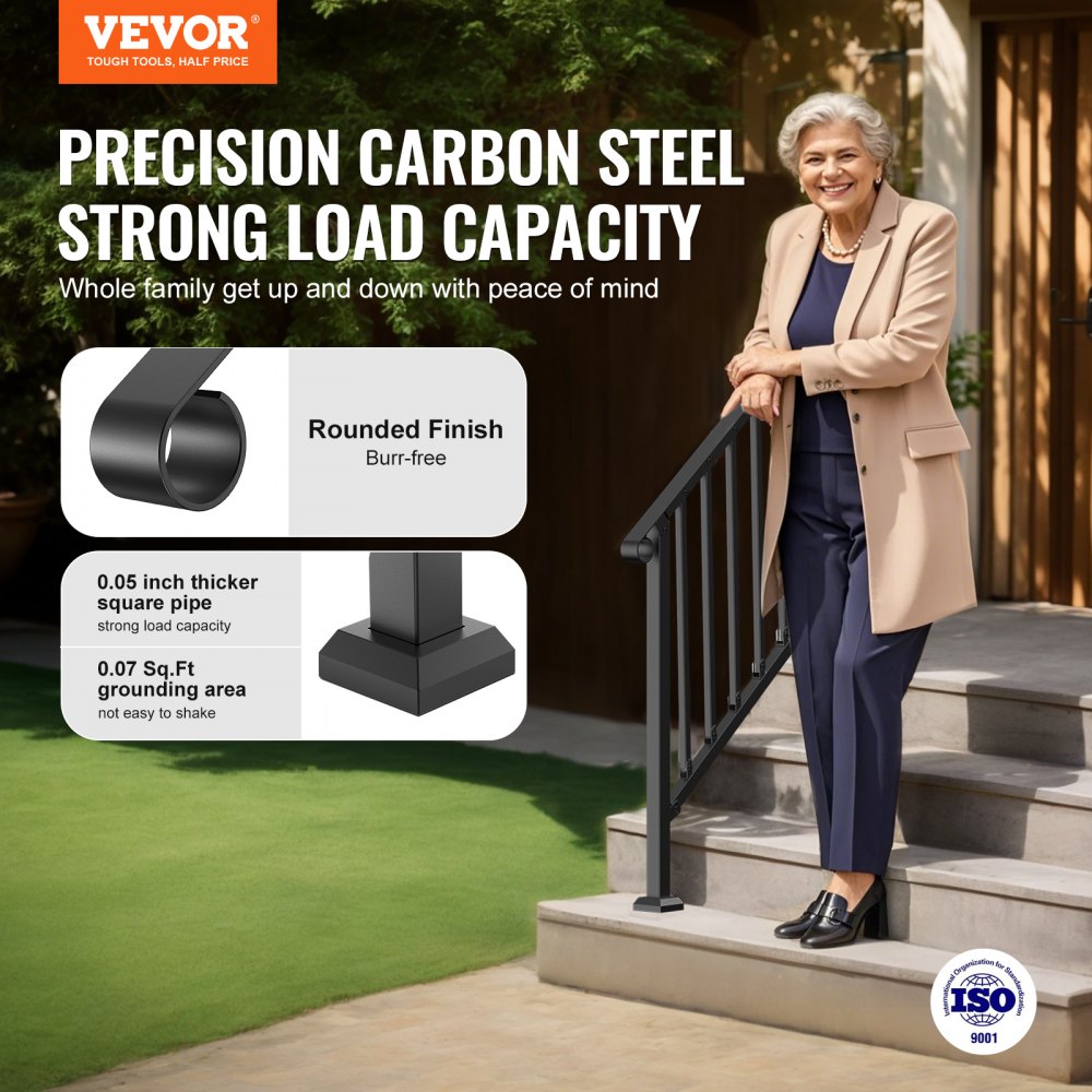 BP-45 - Adjustable Black Stair Handrail for Seniors, Rustproof & Versatile