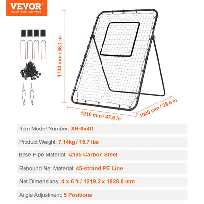 XH-6x4ft - 4x6ft Heavy-Duty Baseball Rebounder Net for Skill Training