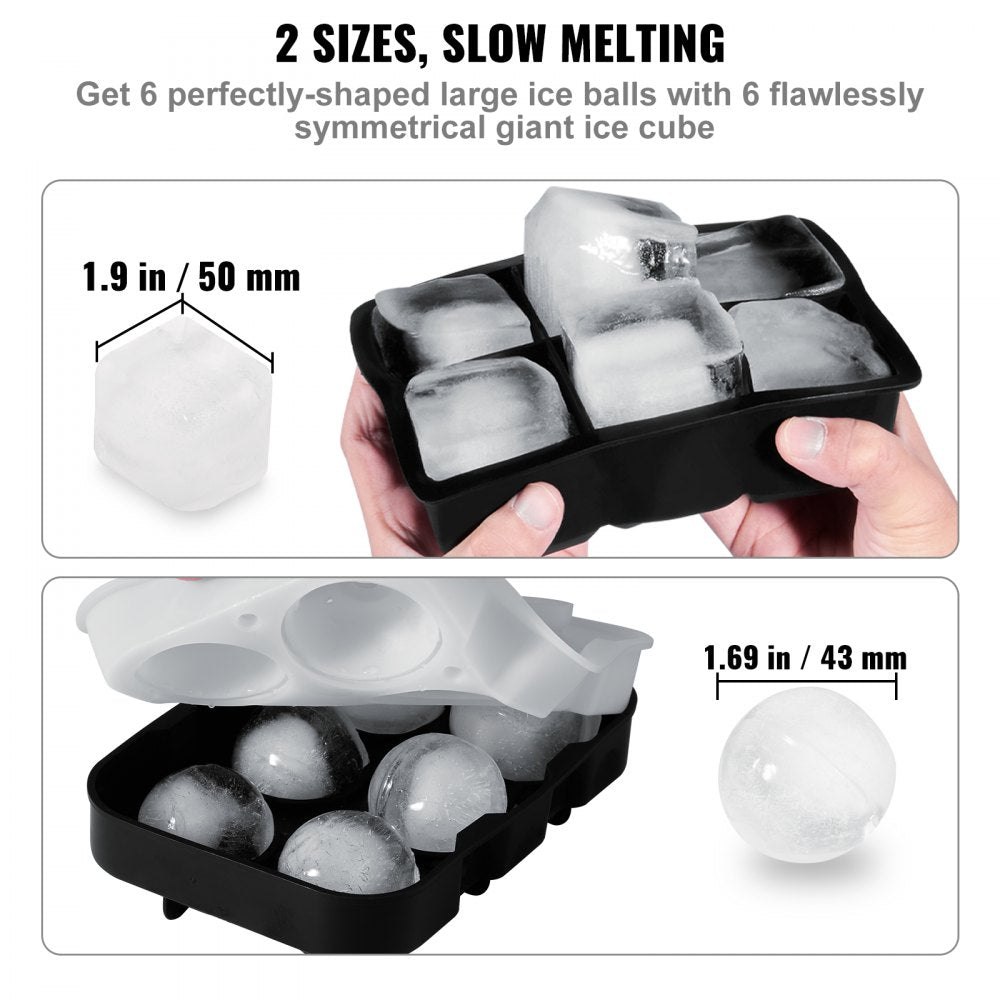 SRP00-6+6 - 6 Large Silicone Ice Cubes & Spheres for Cocktails