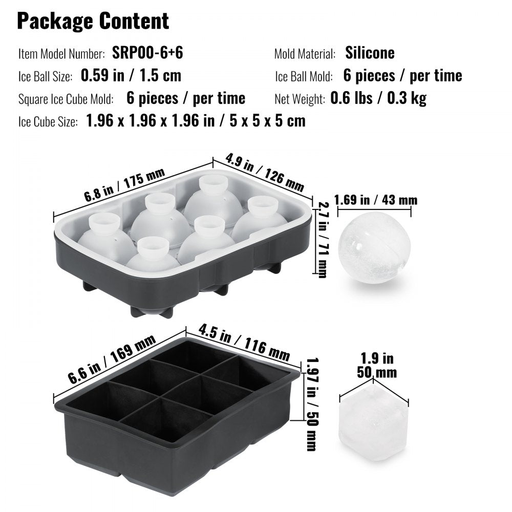 SRP00-6+6 - 6 Large Silicone Ice Cubes & Spheres for Cocktails