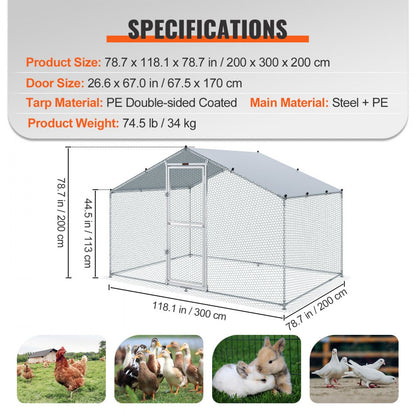 010774865091 - Spacious 78.7"x118.1" Metal Chicken Coop with Waterproof Cover