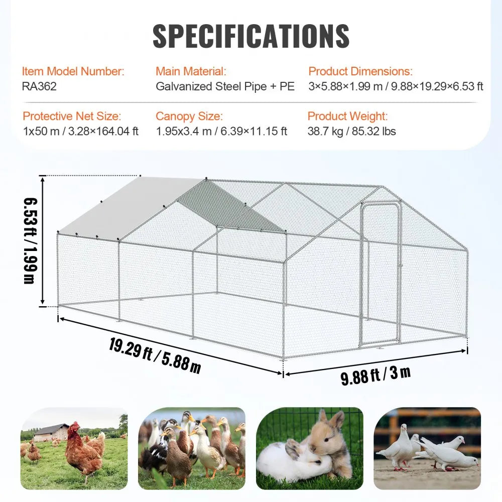 RA362 - 9.88x19.29ft Durable Metal Chicken Coop for Birds & Poultry