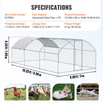 ACR362 - Spacious 9.8x19.3 ft Galvanized Steel Chicken Coop with Run