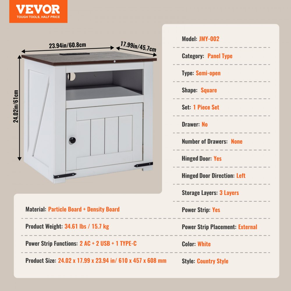 JMY-002 - Multi-Functional Farmhouse End Table with Charging Station
