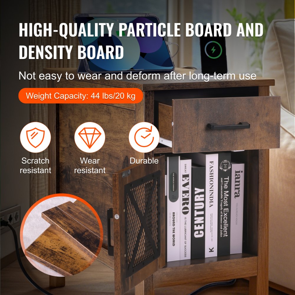 SS-2401-N - Farmhouse Nightstand with Charging Station and Multi-layer Storage