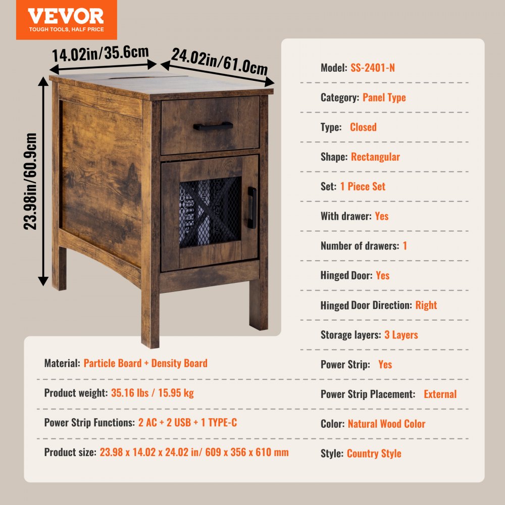SS-2401-N - Farmhouse Nightstand with Charging Station and Multi-layer Storage