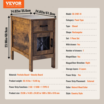 SS-2401-N - Farmhouse Nightstand with Charging Station and Multi-layer Storage