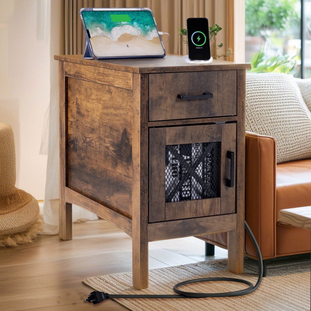 SS-2401-N - Farmhouse Nightstand with Charging Station and Multi-layer Storage