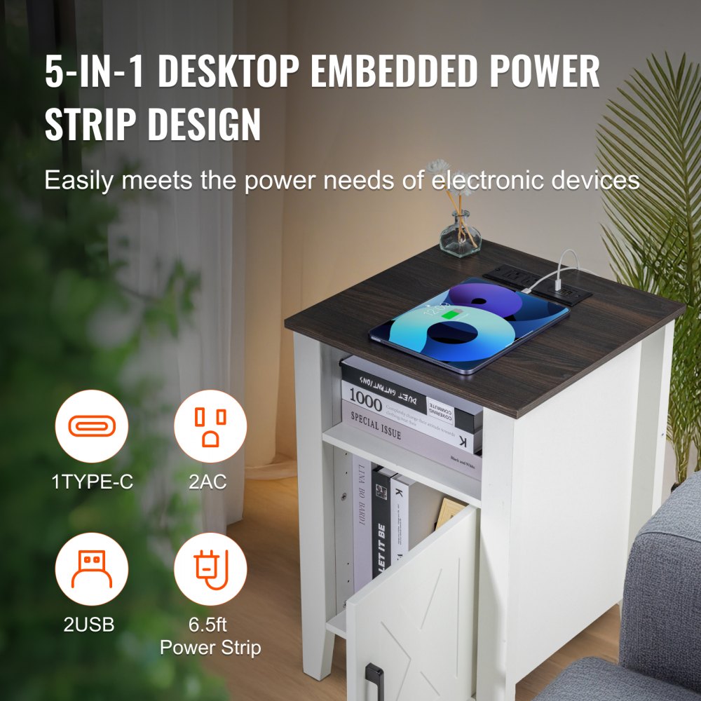 SS-2402-BW - Farmhouse End Table Set with Charging Ports and Easy Assembly