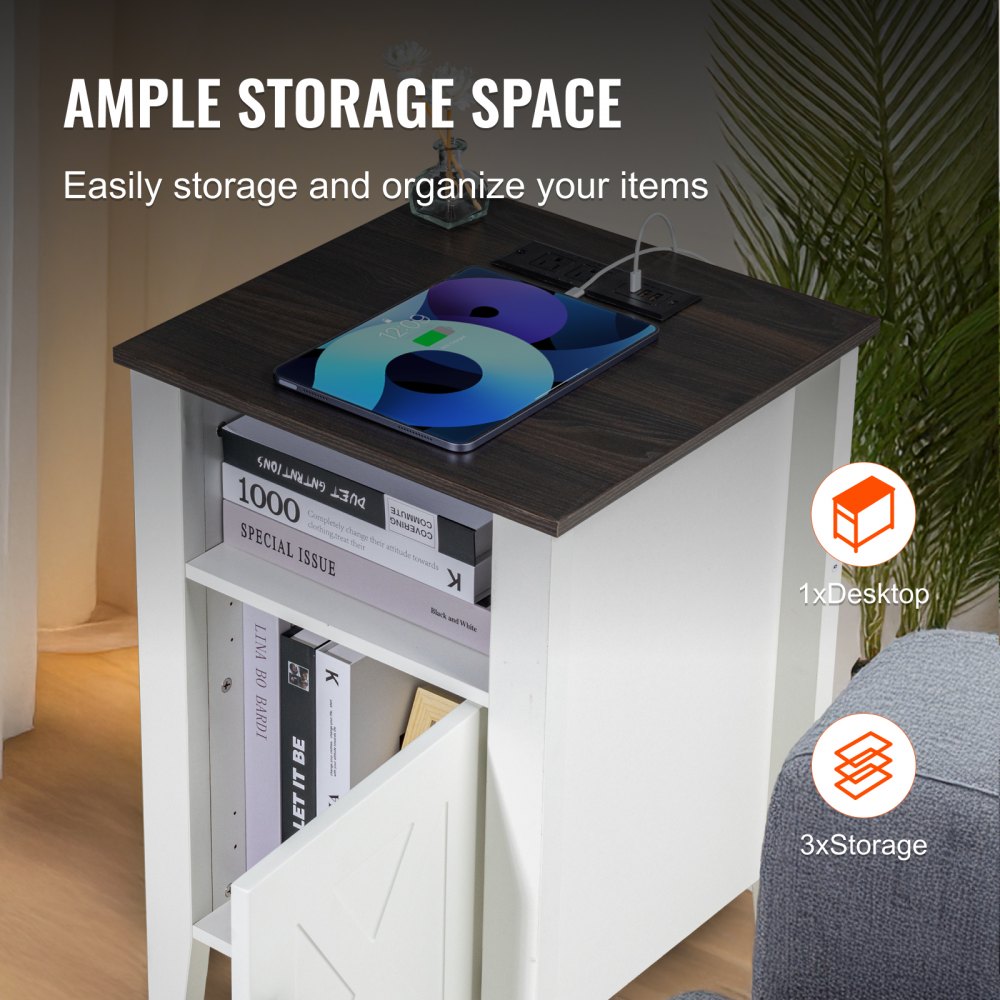 SS-2402-BW - Farmhouse End Table Set with Charging Ports and Easy Assembly