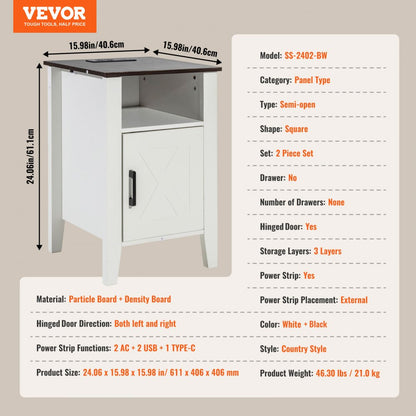 SS-2402-BW - Farmhouse End Table Set with Charging Ports and Easy Assembly