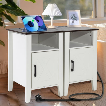 SS-2402-BW - Farmhouse End Table Set with Charging Ports and Easy Assembly