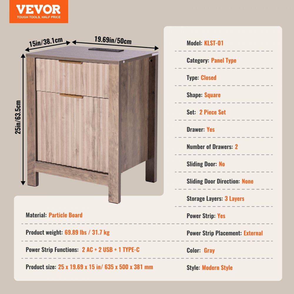 KLST-01 - Versatile Farmhouse End Table with Charging Ports, 25 x 19.69 in
