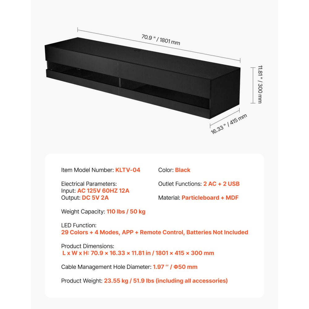 KLTV-04 - 71" Floating TV Stand with LED Lights & Power Outlets
