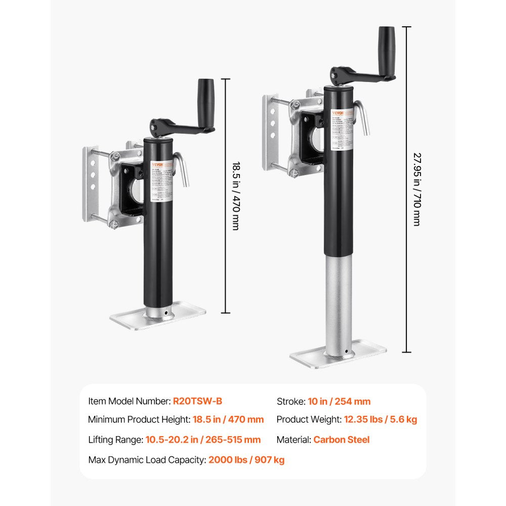 R20TSW-B Heavy-Duty Trailer Jack with 2000 lbs Capacity & 10" Travel
