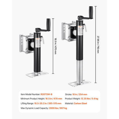 R20TSW-B Heavy-Duty Trailer Jack with 2000 lbs Capacity & 10" Travel