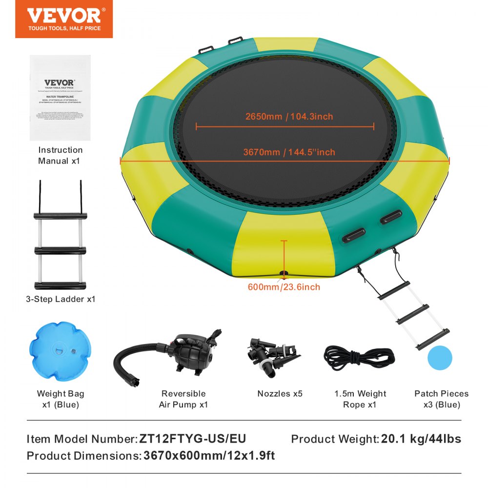 ZT12FTYG-US/EU - 12FT Durable Inflatable Water Bouncer for Pools and Lakes