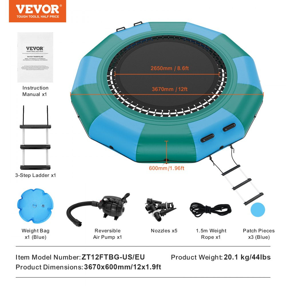 ZT12FTBG-US/EU - 12ft VEVOR Inflatable Water Bouncer for Lakes & Pools