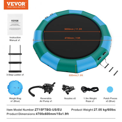 ZT15FTBG-US/EU - 15ft VEVOR Inflatable Water Bouncer for Summer Fun