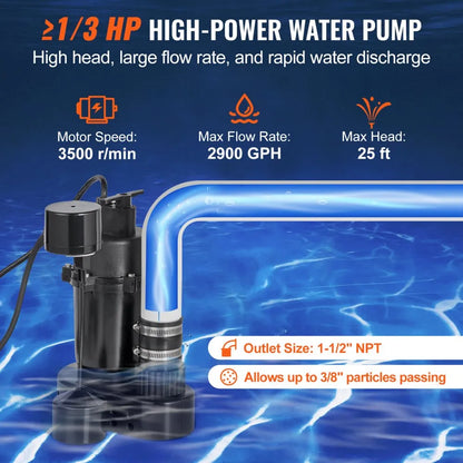 ZX30023 - Efficient Utility Sink Pump for Basements, 1/3 HP, 2900 GPH