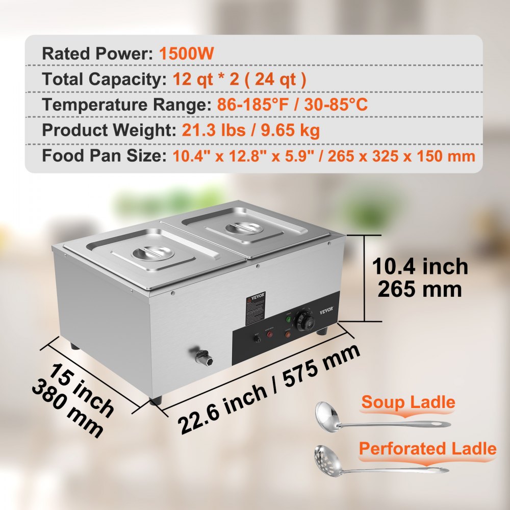 010416571022 - 2 x 12QT Stainless Steel Food Warmer with 1500W Heating