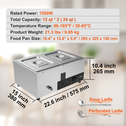 010416571022 - 2 x 12QT Stainless Steel Food Warmer with 1500W Heating