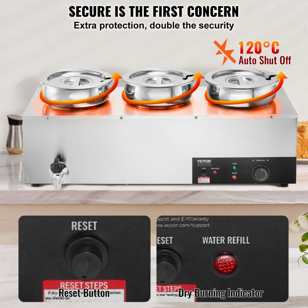 010392163727 - 3-Pot 1200W Stainless Steel Soup Warmer for Commercial Use