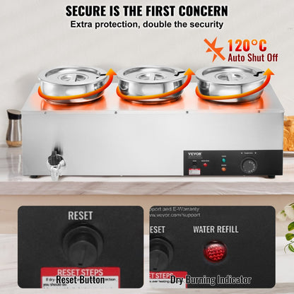 010392163727 - 3-Pot 1200W Stainless Steel Soup Warmer for Commercial Use