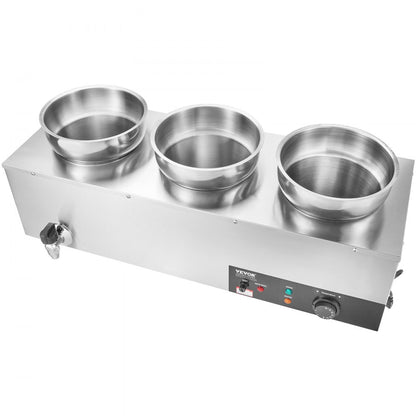 010392163727 - 3-Pot 1200W Stainless Steel Soup Warmer for Commercial Use