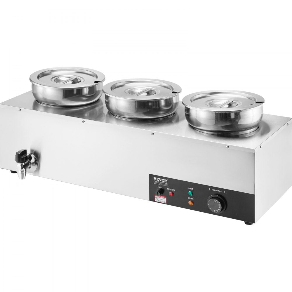 010392163727 - 3-Pot 1200W Stainless Steel Soup Warmer for Commercial Use