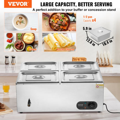 010835523298 - 4-Pan Commercial Food Warmer, 12QT Capacity, 1500W Heating