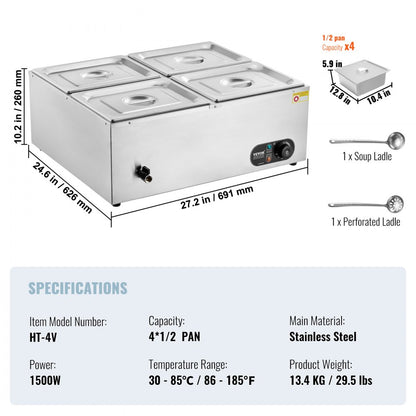 010835523298 - 4-Pan Commercial Food Warmer, 12QT Capacity, 1500W Heating