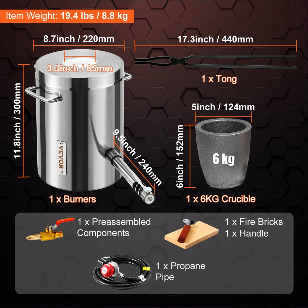 JHRJD06KG01A - 6KG Stainless Steel Propane Melting Furnace Kit, 2700°F Max