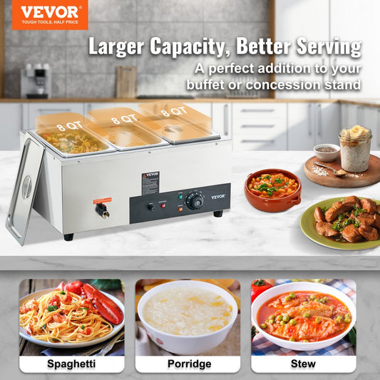 010272323492 - 3-Pan Stainless Steel Food Warmer with 1500W Power