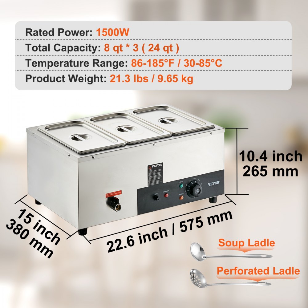 010272323492 - 3-Pan Stainless Steel Food Warmer with 1500W Power