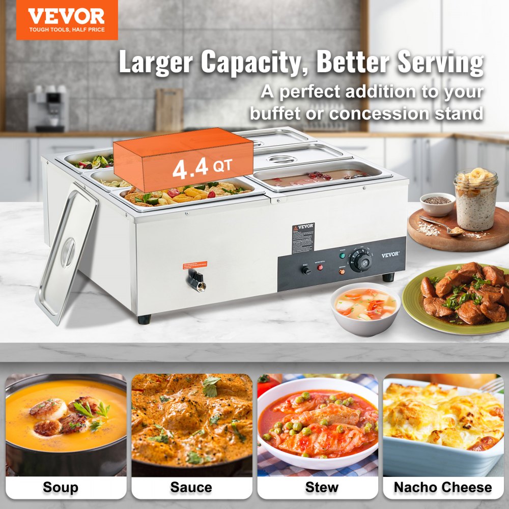 010745631952 - 6-Pan Stainless Steel Food Warmer with Adjustable Temperature
