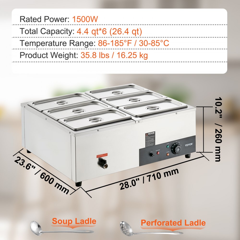 010745631952 - 6-Pan Stainless Steel Food Warmer with Adjustable Temperature