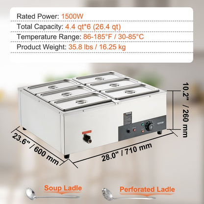 010745631952 - 6-Pan Stainless Steel Food Warmer with Adjustable Temperature