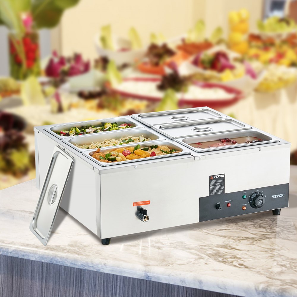 010745631952 - 6-Pan Stainless Steel Food Warmer with Adjustable Temperature