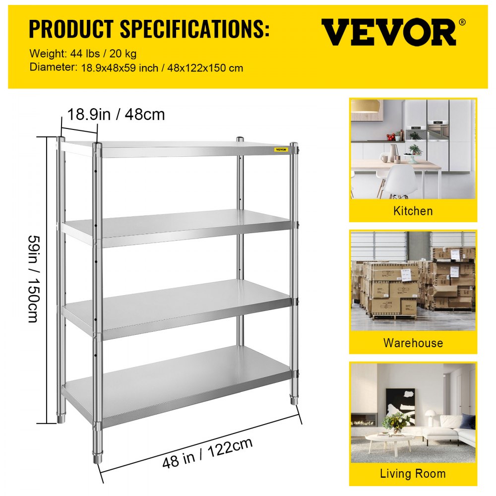 010545702291 - 4-Tier Adjustable Stainless Steel Shelf for Kitchen/Garage Storage