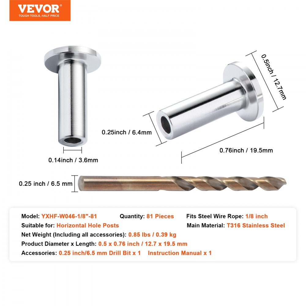 YXHF-W046-1/8"-81 - T316 Stainless Steel Protector Sleeves for Outdoor Railings