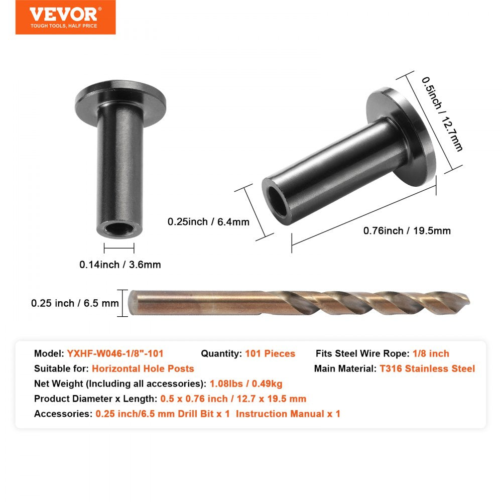 YXHF-W046-1/8"-101 - Durable T316 Stainless Steel Sleeves for 1/8" Railing