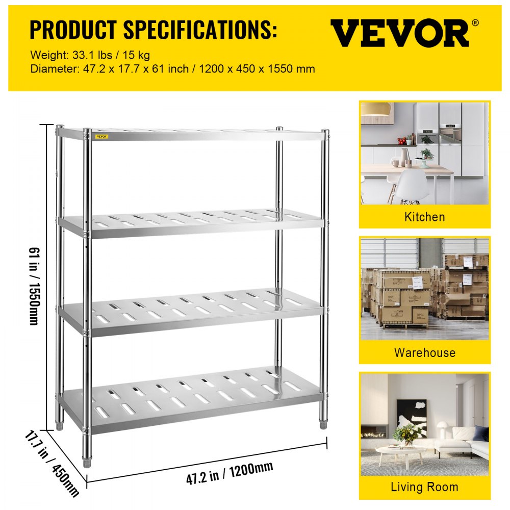 VV-SSPS-4-48 - 4-Tier 47.2" Stainless Steel Shelf with 529 lbs Capacity