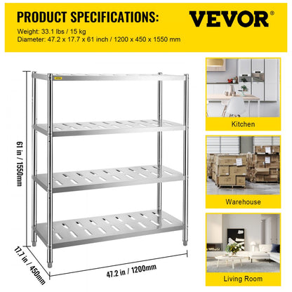 VV-SSPS-4-48 - 4-Tier 47.2" Stainless Steel Shelf with 529 lbs Capacity