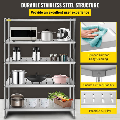 VV-SSPS-5-48 - Durable 5-Tier Stainless Steel Shelf, 47.2" x 17.7" x 70.9"