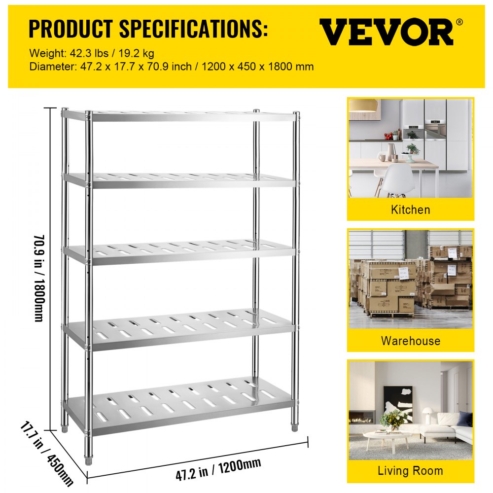 VV-SSPS-5-48 - Durable 5-Tier Stainless Steel Shelf, 47.2" x 17.7" x 70.9"
