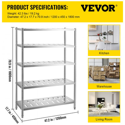 VV-SSPS-5-48 - Durable 5-Tier Stainless Steel Shelf, 47.2" x 17.7" x 70.9"