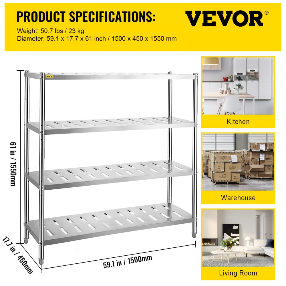 VV-SSPS-4-60 - Heavy Duty Stainless Steel Shelf, 59.1" x 17.7" x 61"