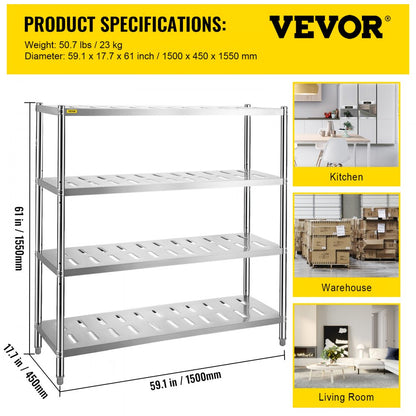 VV-SSPS-4-60 - Heavy Duty Stainless Steel Shelf, 59.1" x 17.7" x 61"