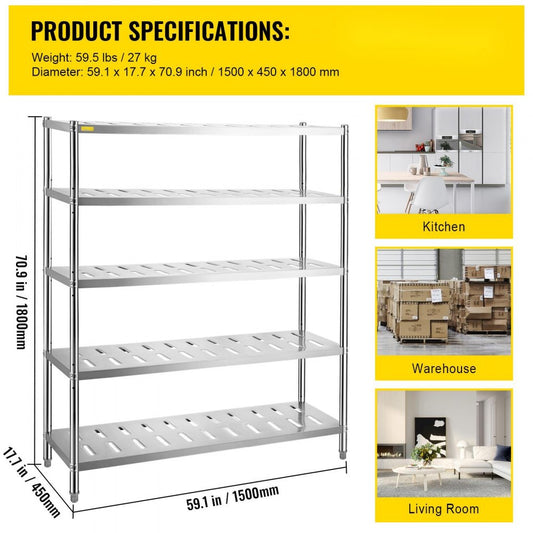 VV-SSPS-5-60 - 5-Tier Stainless Steel Shelf 132 lbs Capacity, Easy Assembly
